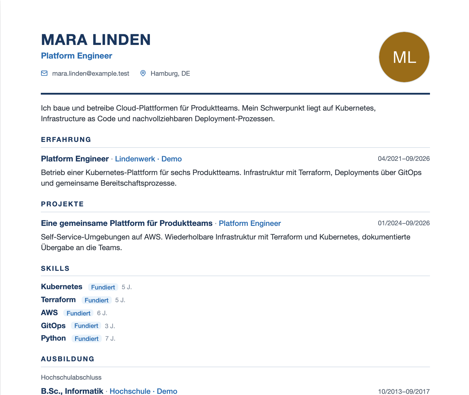 Lebenslauf in Aptora mit Projekten, Erfahrung und Skills.