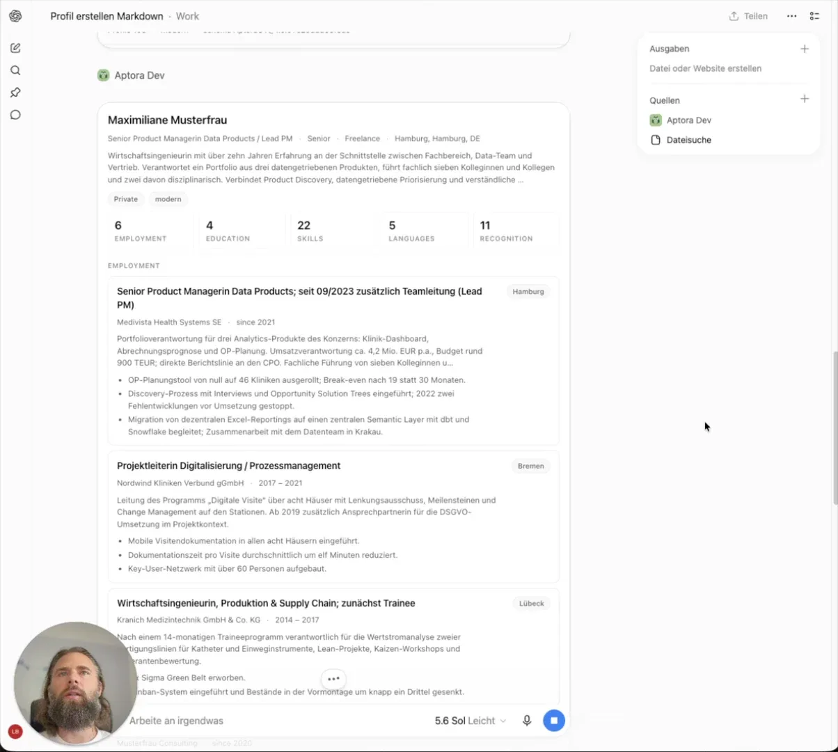 Frame from the walkthrough: the Aptora profile for Maximiliane Musterfrau displayed in the AI assistant, with Lasse in the recording inset.